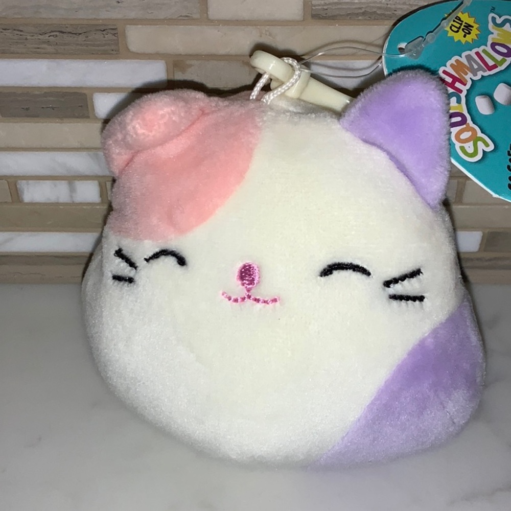 Squishmallows Charlotte the Calico Cat Pastel Cream Pink Purple Clip Plush NWT